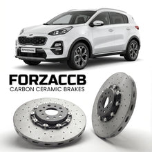 ForzaCCB direct OEM replacement carbon ceramic brake rotors for 2018-2021) Kia Sportage IV (facelift 2018 models, shown with a white Kia Sportage car.