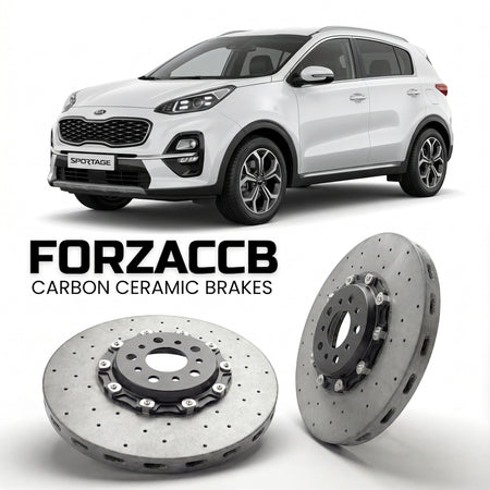 ForzaCCB direct OEM replacement carbon ceramic brake rotors for 2018-2021) Kia Sportage IV (facelift 2018 models, shown with a white Kia Sportage car.