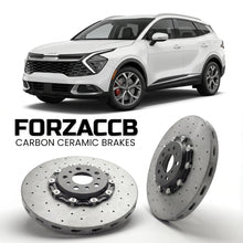 ForzaCCB direct OEM replacement carbon ceramic brake rotors for 2021 to 2025 Kia Sportage V models, shown with a white Kia Sportage car.