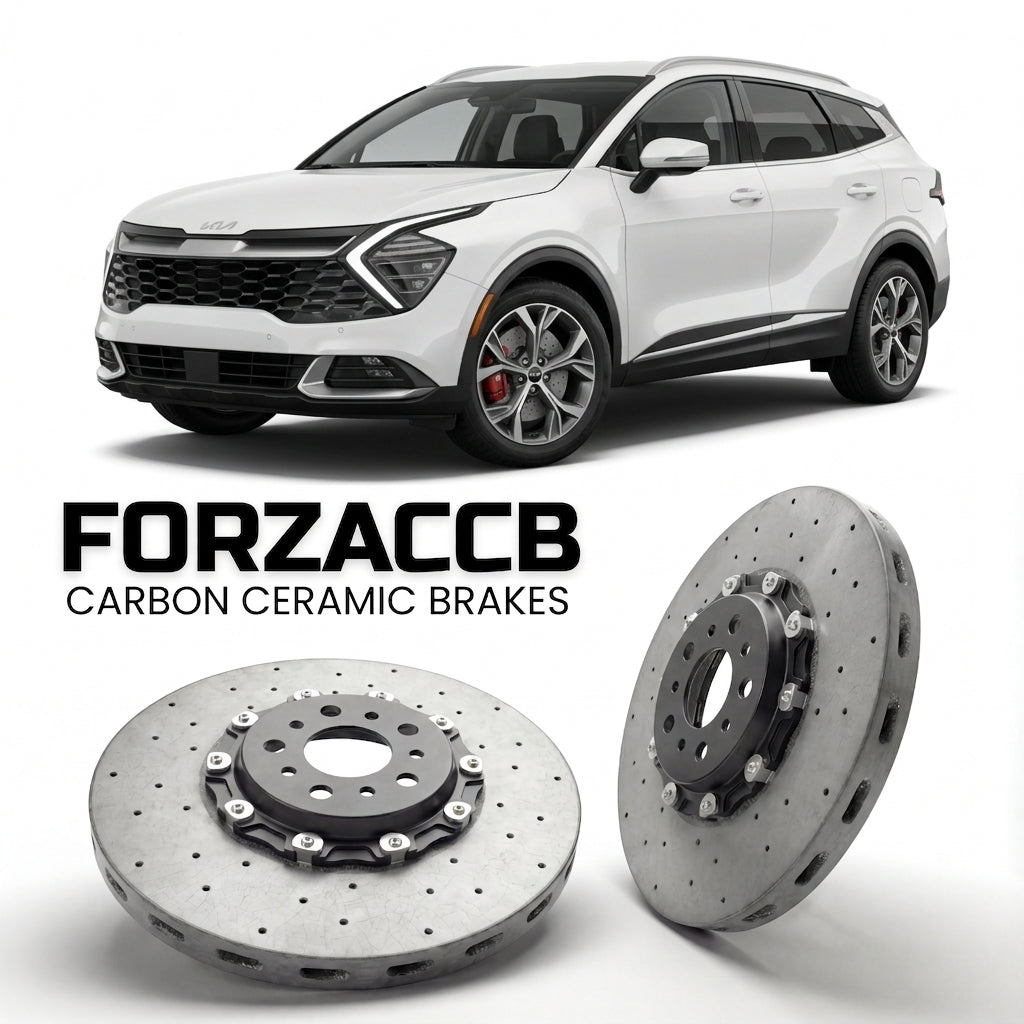 ForzaCCB direct OEM replacement carbon ceramic brake rotors for 2021 to 2025 Kia Sportage V models, shown with a white Kia Sportage car.