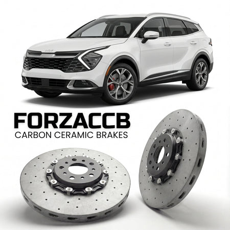 ForzaCCB direct OEM replacement carbon ceramic brake rotors for 2021 to 2025 Kia Sportage V models, shown with a white Kia Sportage car.