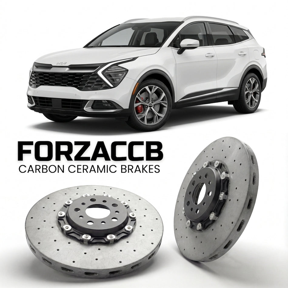 ForzaCCB direct OEM replacement carbon ceramic brake rotors for 2021 to 2025 Kia Sportage V models, shown with a white Kia Sportage car.