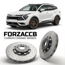 ForzaCCB direct OEM replacement carbon ceramic brake rotors for 2024+) Kia Sportage V (facelift 2024 models, shown with a white Kia Sportage car.