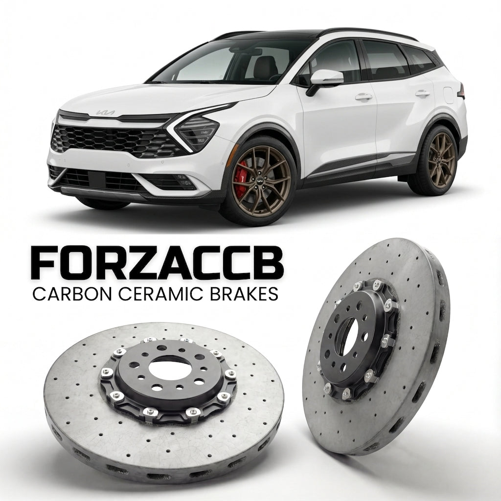 ForzaCCB direct OEM replacement carbon ceramic brake rotors for 2024+) Kia Sportage V (facelift 2024 models, shown with a white Kia Sportage car.
