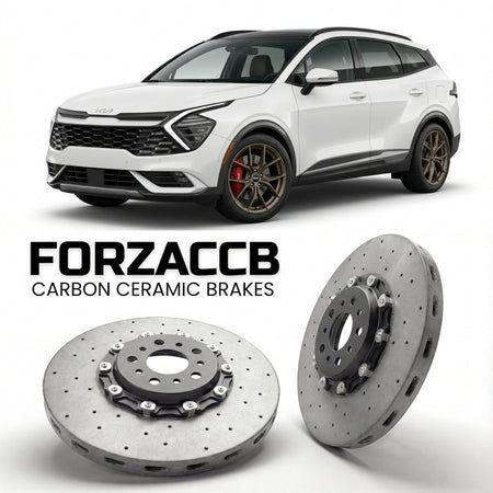 ForzaCCB direct OEM replacement carbon ceramic brake rotors for 2024+) Kia Sportage V (facelift 2024 models, shown with a white Kia Sportage car.