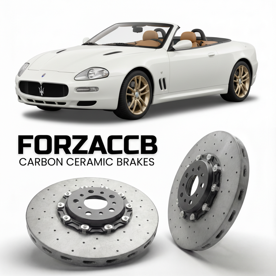 ForzaCCB direct OEM replacement carbon ceramic brake rotors for 2001 to 2007 Maserati Spyder M138 models, shown with a white Maserati Spyder car.