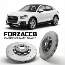ForzaCCB direct OEM replacement carbon ceramic brake rotors for 2018 and newer Audi SQ2 GA models, shown with a white Audi SQ2 car.