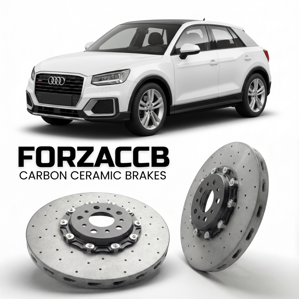ForzaCCB direct OEM replacement carbon ceramic brake rotors for 2018 and newer Audi SQ2 GA models, shown with a white Audi SQ2 car.