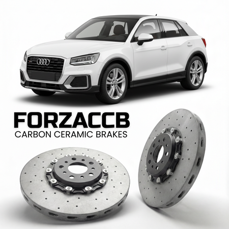 ForzaCCB direct OEM replacement carbon ceramic brake rotors for 2018 and newer Audi SQ2 GA models, shown with a white Audi SQ2 car.