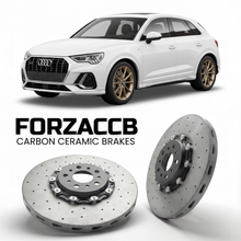 ForzaCCB direct OEM replacement carbon ceramic brake rotors for 2019 and newer Audi SQ3 F3 models, shown with a white Audi SQ3 car.