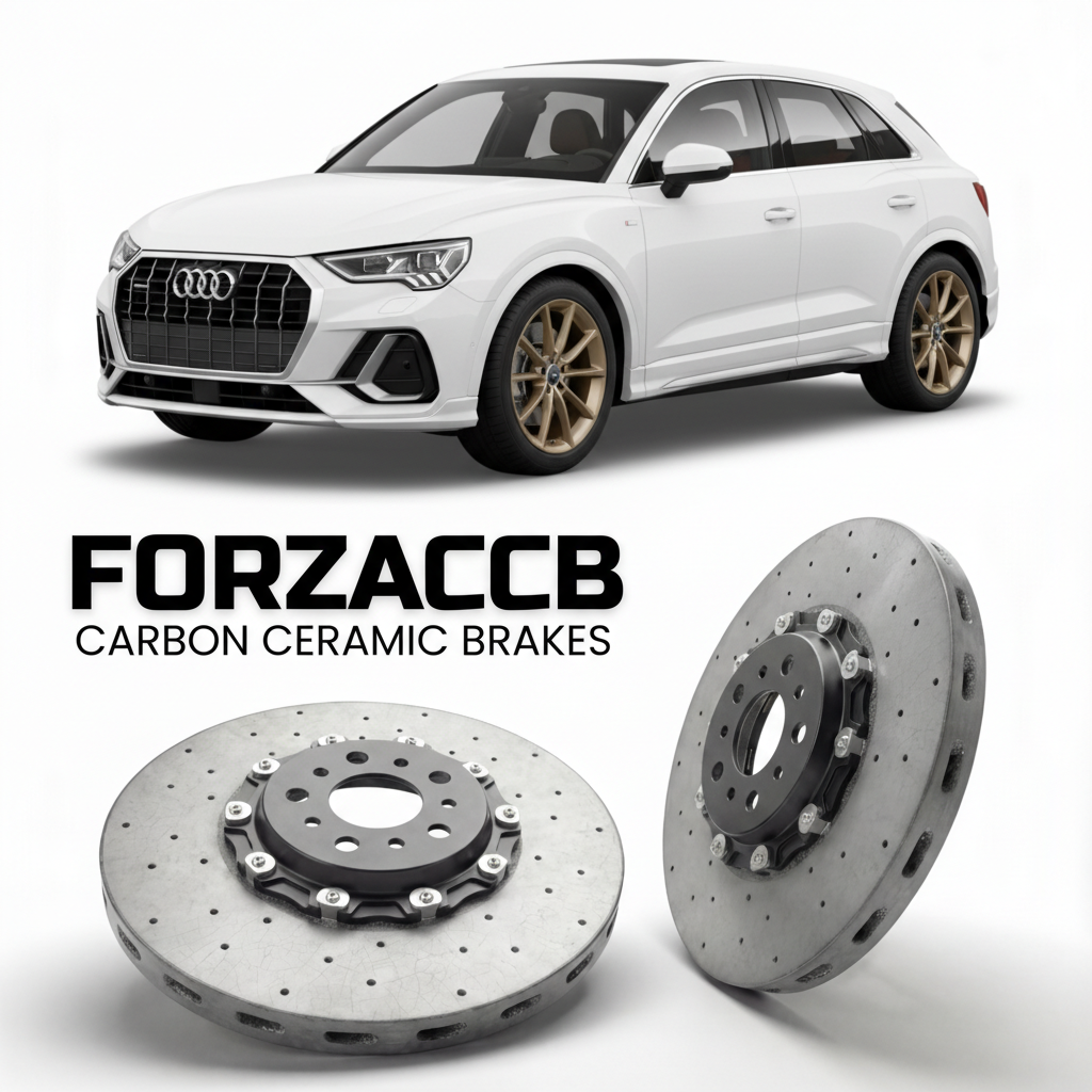 ForzaCCB direct OEM replacement carbon ceramic brake rotors for 2019 and newer Audi SQ3 F3 models, shown with a white Audi SQ3 car.