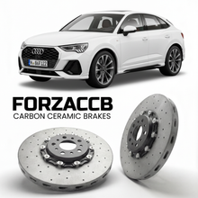ForzaCCB direct OEM replacement carbon ceramic brake rotors for 2019 and newer Audi SQ3 Sportback F3 models, shown with a white Audi SQ3 Sportback car.