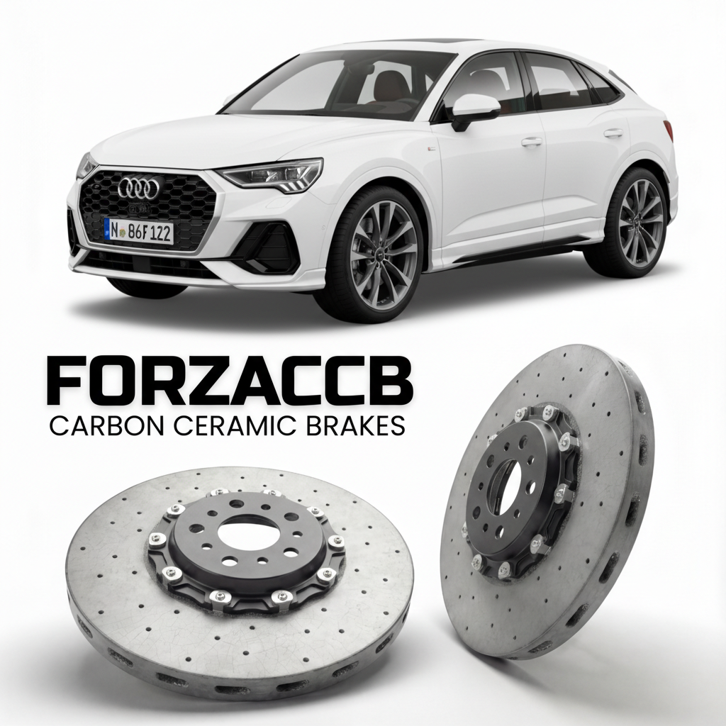 ForzaCCB direct OEM replacement carbon ceramic brake rotors for 2019 and newer Audi SQ3 Sportback F3 models, shown with a white Audi SQ3 Sportback car.