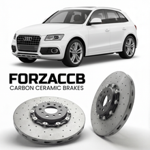 ForzaCCB direct OEM replacement carbon ceramic brake rotors for 2013 to 2017 Audi SQ5 8R models, shown with a white Audi SQ5 car.