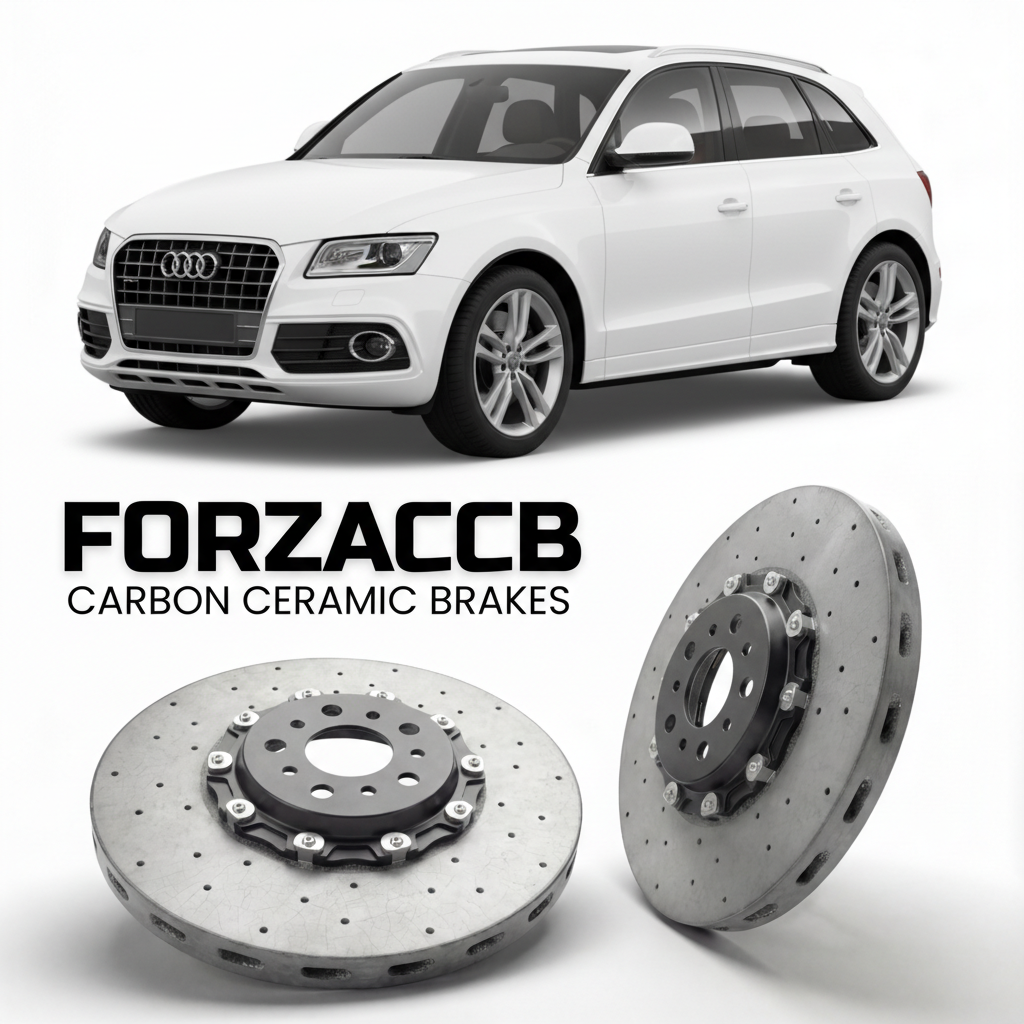 ForzaCCB direct OEM replacement carbon ceramic brake rotors for 2013 to 2017 Audi SQ5 8R models, shown with a white Audi SQ5 car.
