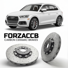ForzaCCB direct OEM replacement carbon ceramic brake rotors for 2017 to 2024 Audi SQ5 FY models, shown with a white Audi SQ5 car.