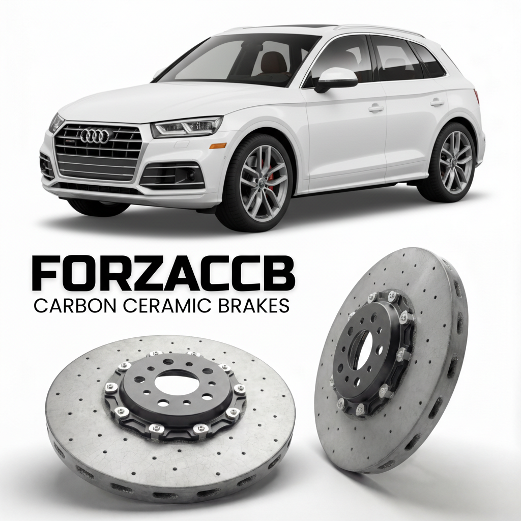ForzaCCB direct OEM replacement carbon ceramic brake rotors for 2017 to 2024 Audi SQ5 FY models, shown with a white Audi SQ5 car.