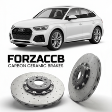 ForzaCCB direct OEM replacement carbon ceramic brake rotors for 2021 to 2024 Audi SQ5 Sportback FY models, shown with a white Audi SQ5 Sportback car.