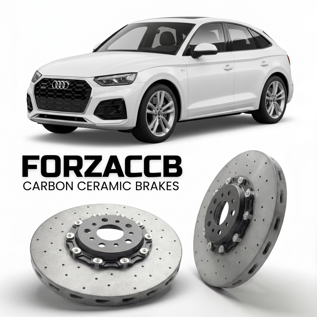 ForzaCCB direct OEM replacement carbon ceramic brake rotors for 2021 to 2024 Audi SQ5 Sportback FY models, shown with a white Audi SQ5 Sportback car.