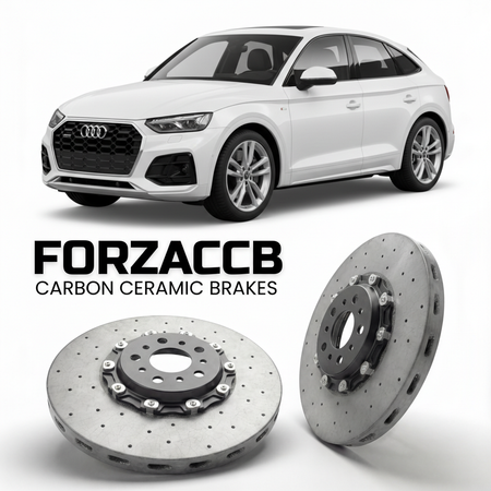 ForzaCCB direct OEM replacement carbon ceramic brake rotors for 2021 to 2024 Audi SQ5 Sportback FY models, shown with a white Audi SQ5 Sportback car.