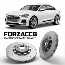 ForzaCCB direct OEM replacement carbon ceramic brake rotors for 2024 and newer Audi SQ6 e-tron GF models, shown with a white Audi SQ6 e-tron car.