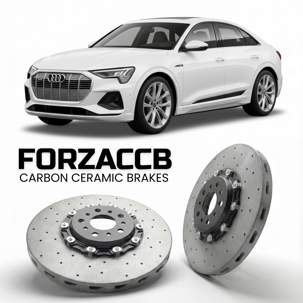 ForzaCCB direct OEM replacement carbon ceramic brake rotors for 2024 and newer Audi SQ6 e-tron GF models, shown with a white Audi SQ6 e-tron car.