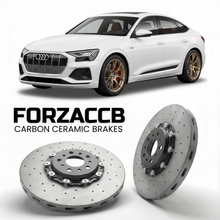 ForzaCCB direct OEM replacement carbon ceramic brake rotors for 2024 and newer Audi SQ6 Sportback e-tron GF models, shown with a white Audi SQ6 Sportback e-tron car.