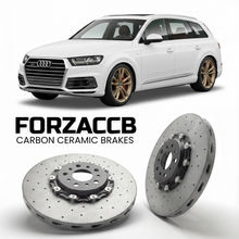 ForzaCCB direct OEM replacement carbon ceramic brake rotors for 2016 and newer Audi SQ7 4M models, shown with a white Audi SQ7 car.