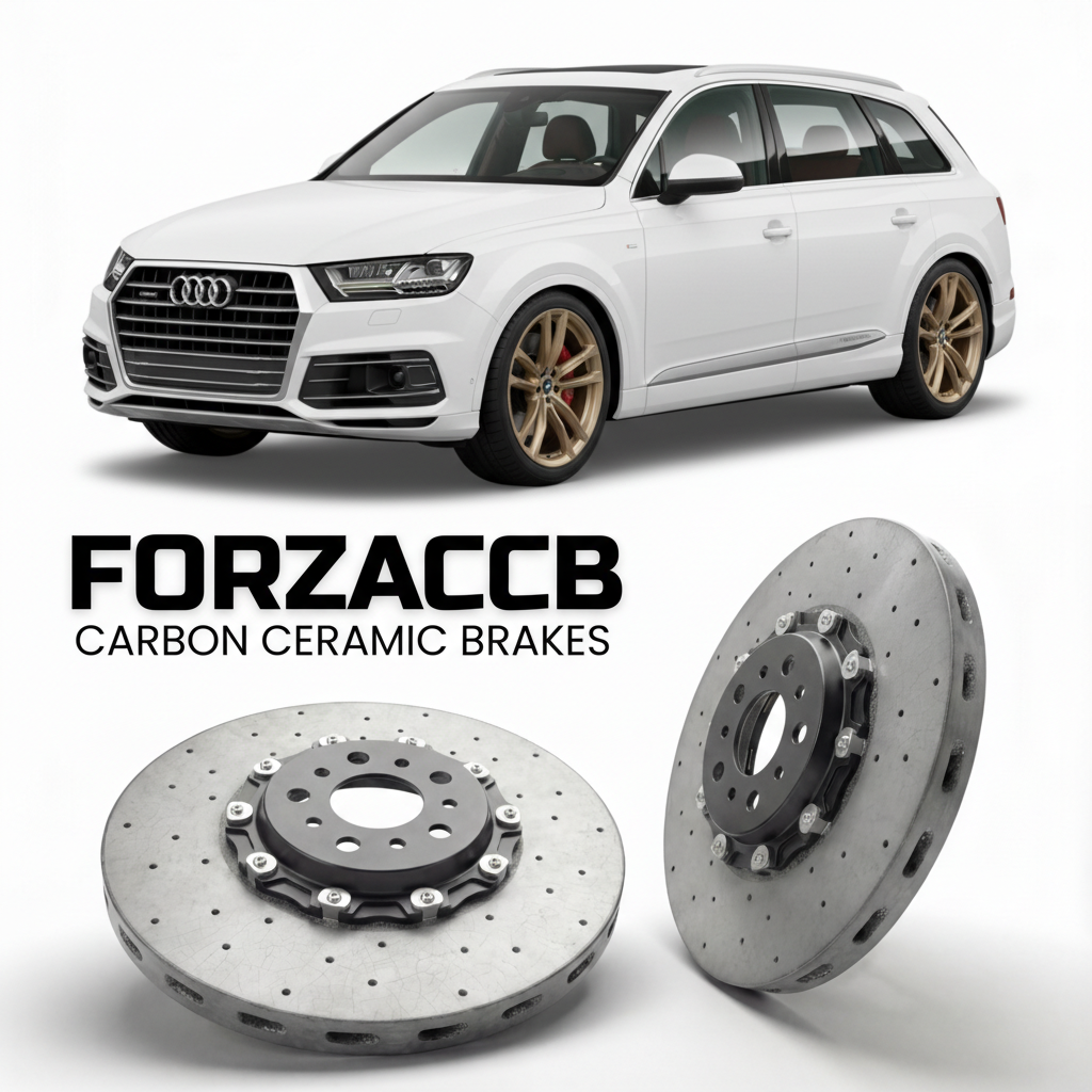 ForzaCCB direct OEM replacement carbon ceramic brake rotors for 2016 and newer Audi SQ7 4M models, shown with a white Audi SQ7 car.