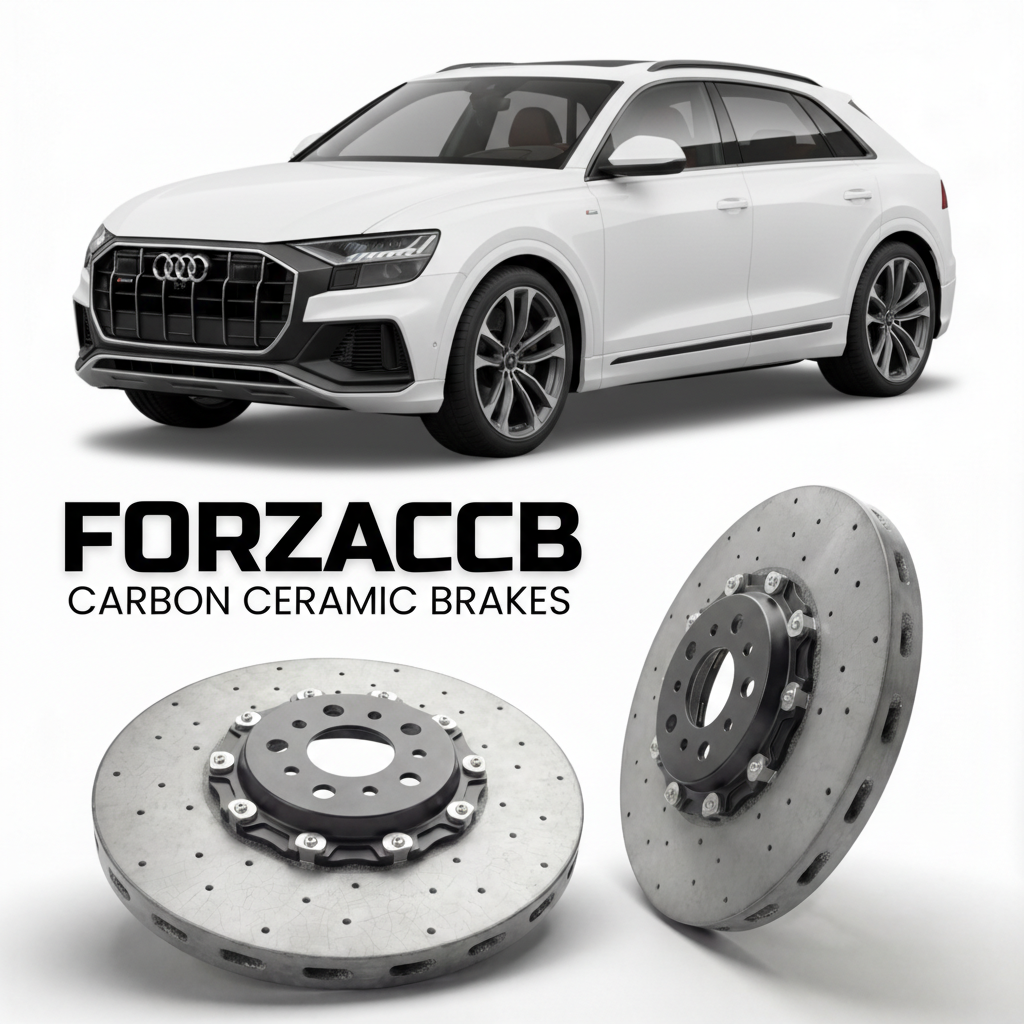 ForzaCCB direct OEM replacement carbon ceramic brake rotors for 2019 and newer Audi SQ8 models, shown with a white Audi SQ8 car.
