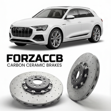 ForzaCCB direct OEM replacement carbon ceramic brake rotors for 2023 to 2025 Audi SQ8 e-tron GE models, shown with a white Audi SQ8 e-tron car.