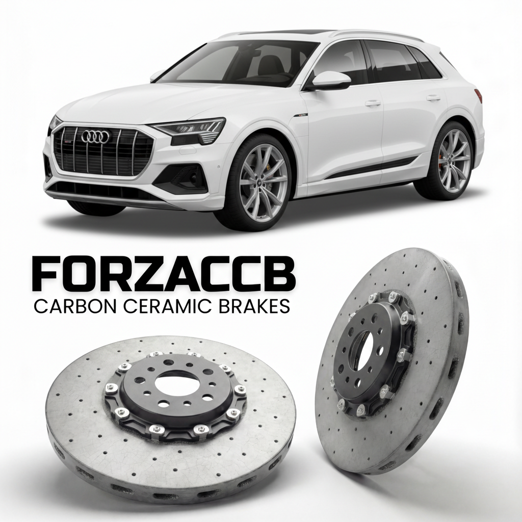ForzaCCB direct OEM replacement carbon ceramic brake rotors for 2023 to 2025 Audi SQ8 e-tron GE models, shown with a white Audi SQ8 e-tron car.