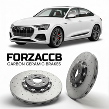 ForzaCCB direct OEM replacement carbon ceramic brake rotors for 2023 to 2025 Audi SQ8 Sportback e-tron GE models, shown with a white Audi SQ8 Sportback e-tron car.