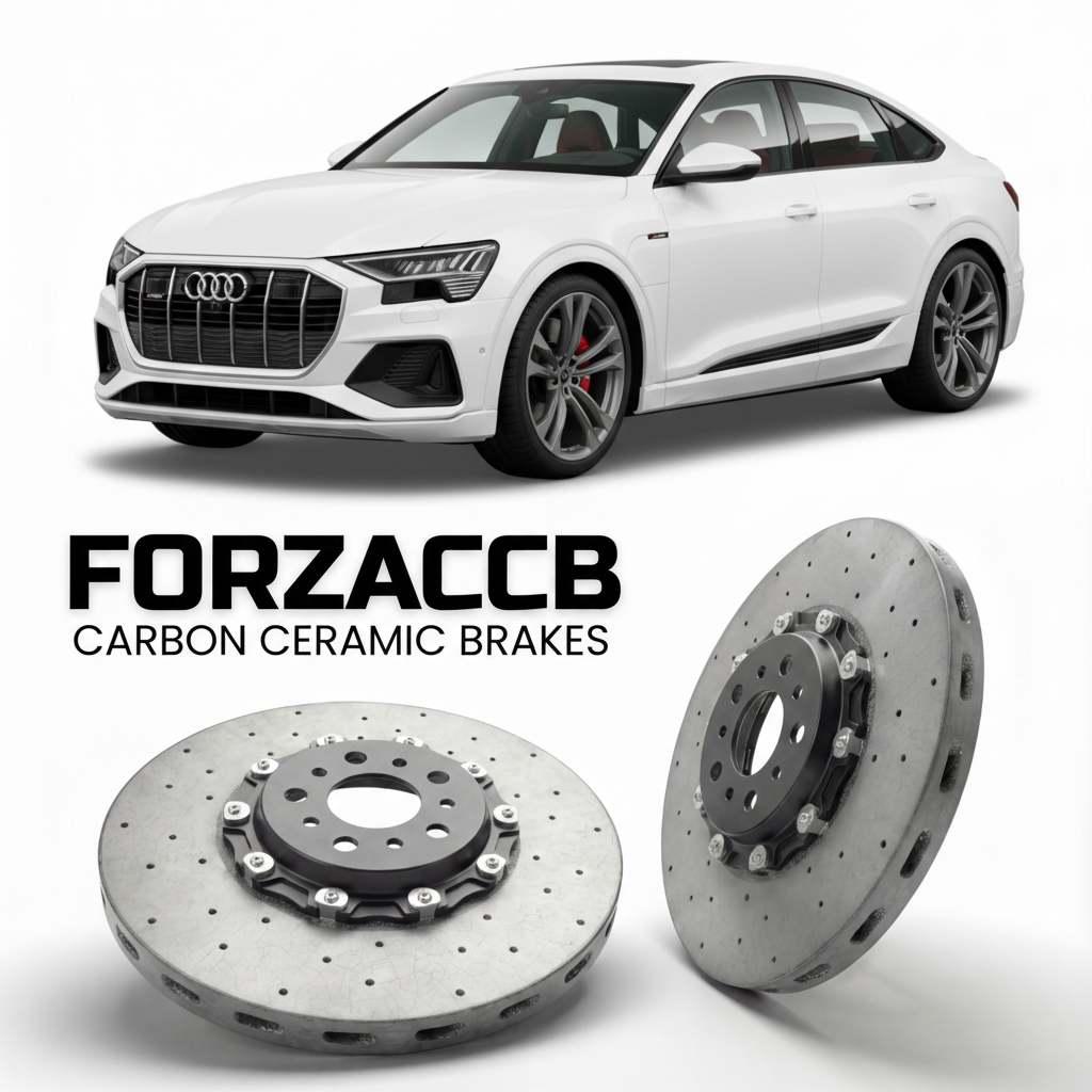 ForzaCCB direct OEM replacement carbon ceramic brake rotors for 2023 to 2025 Audi SQ8 Sportback e-tron GE models, shown with a white Audi SQ8 Sportback e-tron car.
