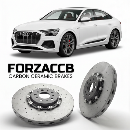 ForzaCCB direct OEM replacement carbon ceramic brake rotors for 2023 to 2025 Audi SQ8 Sportback e-tron GE models, shown with a white Audi SQ8 Sportback e-tron car.