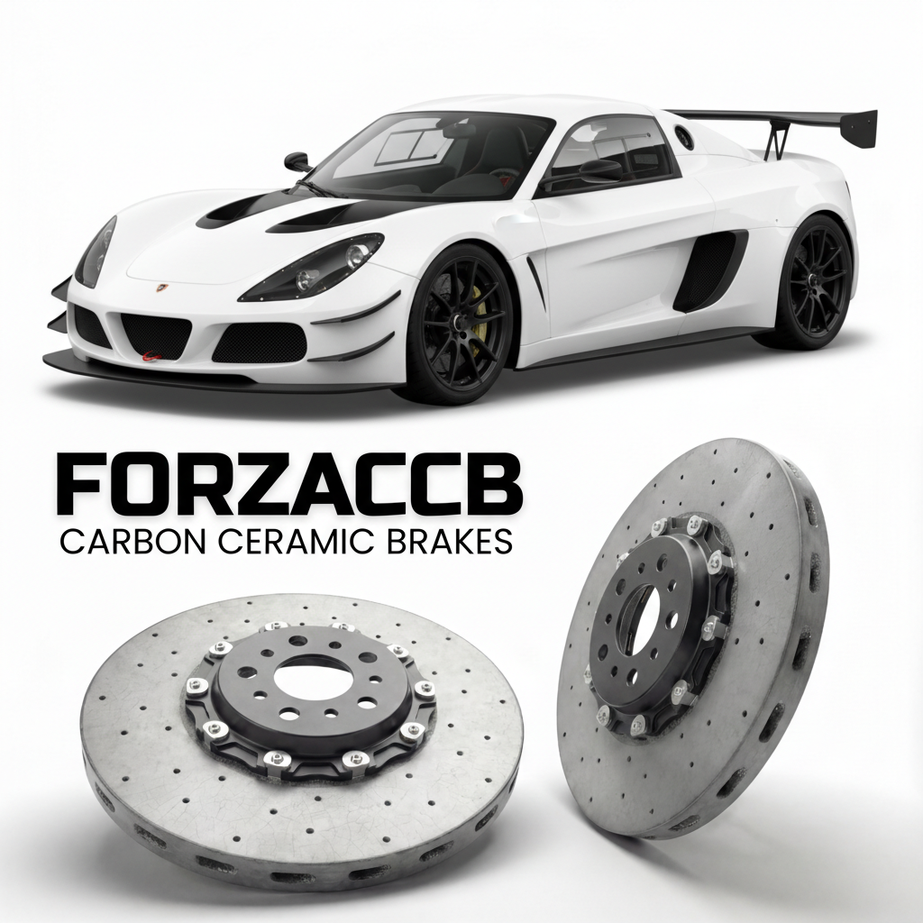 ForzaCCB direct OEM replacement carbon ceramic brake rotors for 2012 to 2026 Radical Sportscars SR1 models, shown with a white Radical Sportscars SR1 car.