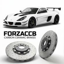 ForzaCCB direct OEM replacement carbon ceramic brake rotors for 2012 to 2026 Radical Sportscars SR1 models, shown with a white Radical Sportscars SR1 car.