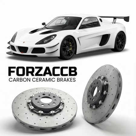 ForzaCCB direct OEM replacement carbon ceramic brake rotors for 2012 to 2026 Radical Sportscars SR1 models, shown with a white Radical Sportscars SR1 car.