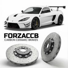 ForzaCCB direct OEM replacement carbon ceramic brake rotors for 2002 to 2026 Radical Sportscars SR3 models, shown with a white Radical Sportscars SR3 car.