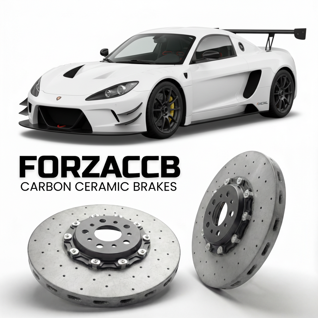 ForzaCCB direct OEM replacement carbon ceramic brake rotors for 2002 to 2026 Radical Sportscars SR3 models, shown with a white Radical Sportscars SR3 car.