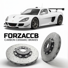 ForzaCCB direct OEM replacement carbon ceramic brake rotors for 2005 to 2026 Radical Sportscars SR8 models, shown with a white Radical Sportscars SR8 car.