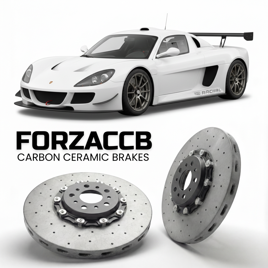 ForzaCCB direct OEM replacement carbon ceramic brake rotors for 2005 to 2026 Radical Sportscars SR8 models, shown with a white Radical Sportscars SR8 car.