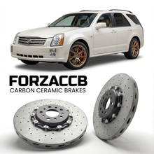 ForzaCCB direct OEM replacement carbon ceramic brake rotors for 2005 to 2009 Cadillac SRX models, shown with a white Cadillac SRX car.