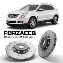 ForzaCCB direct OEM replacement carbon ceramic brake rotors for 2009 to 2013 Cadillac SRX II models, shown with a white Cadillac SRX car.