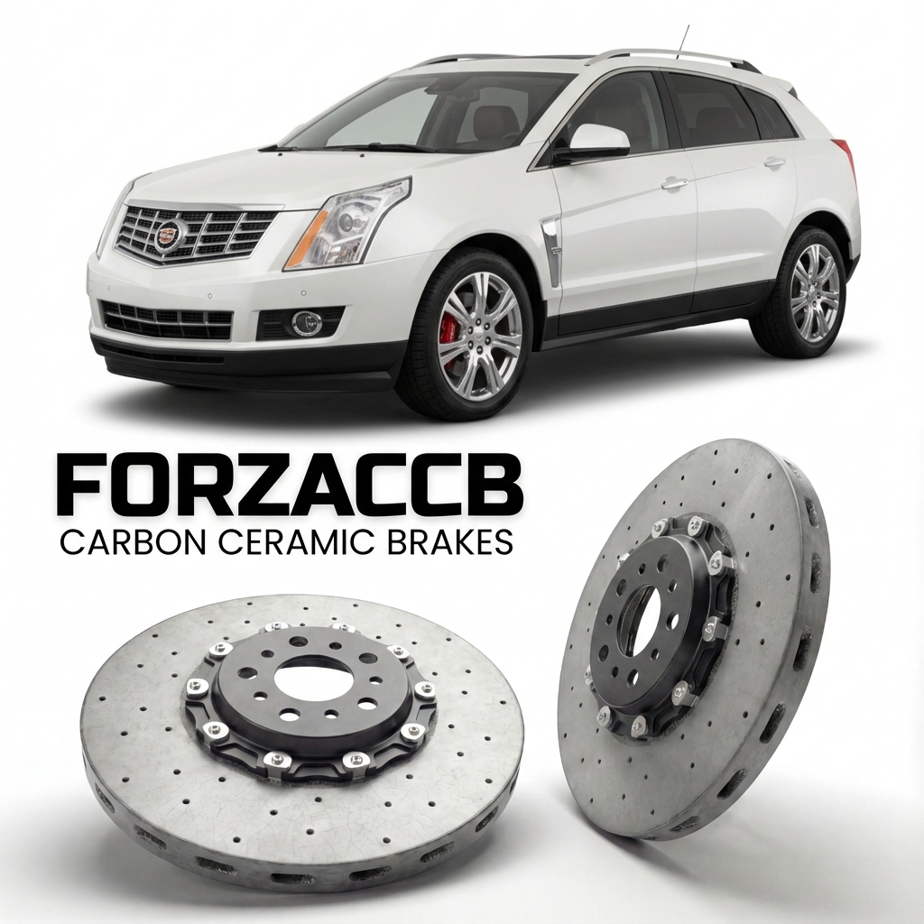ForzaCCB direct OEM replacement carbon ceramic brake rotors for 2009 to 2013 Cadillac SRX II models, shown with a white Cadillac SRX car.