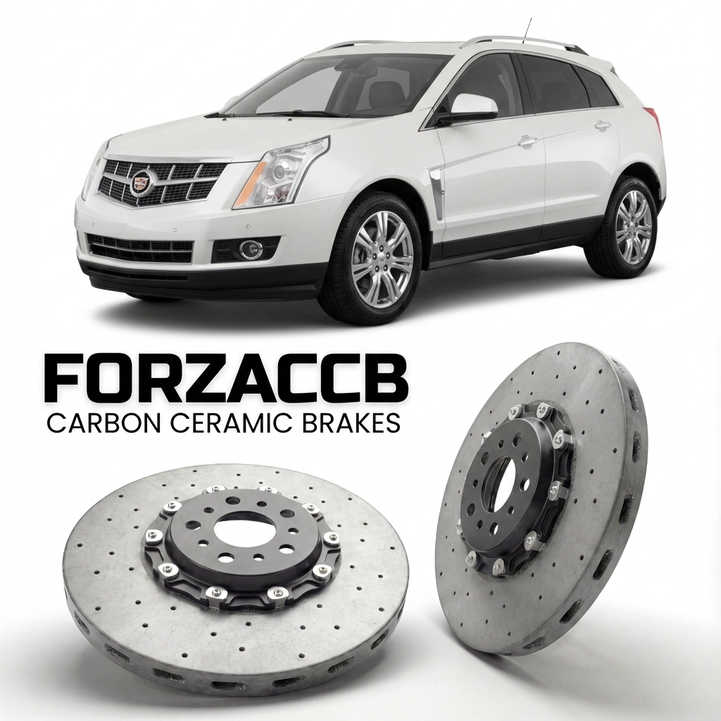 ForzaCCB direct OEM replacement carbon ceramic brake rotors for 2013-2016) Cadillac SRX II (facelift, 2013 models, shown with a white Cadillac SRX car.