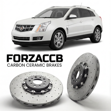 ForzaCCB direct OEM replacement carbon ceramic brake rotors for 2013-2016) Cadillac SRX II (facelift, 2013 models, shown with a white Cadillac SRX car.