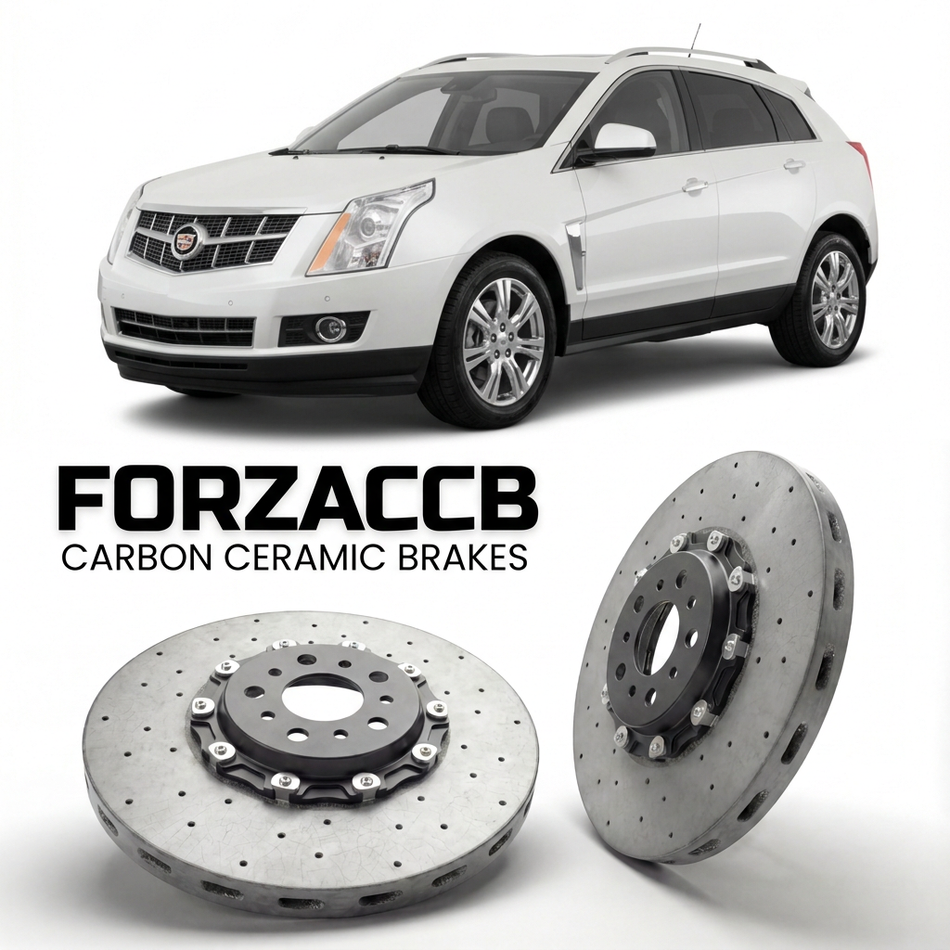 ForzaCCB direct OEM replacement carbon ceramic brake rotors for 2013-2016) Cadillac SRX II (facelift, 2013 models, shown with a white Cadillac SRX car.