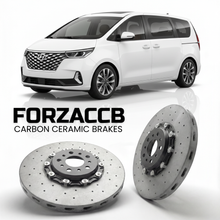 ForzaCCB direct OEM replacement carbon ceramic brake rotors for 2021 to 2026 Hyundai Staria models, shown with a white Hyundai Staria car.