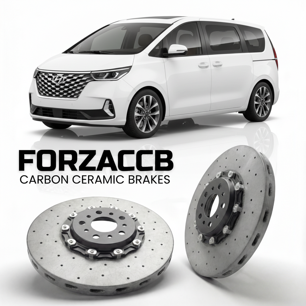 ForzaCCB direct OEM replacement carbon ceramic brake rotors for 2021 to 2026 Hyundai Staria models, shown with a white Hyundai Staria car.